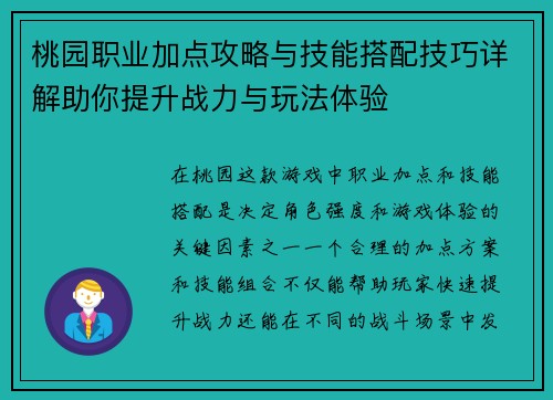 桃园职业加点攻略与技能搭配技巧详解助你提升战力与玩法体验