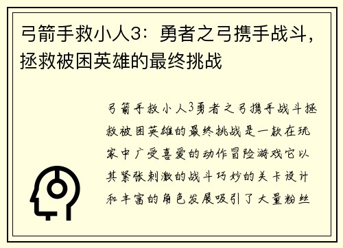 弓箭手救小人3：勇者之弓携手战斗，拯救被困英雄的最终挑战